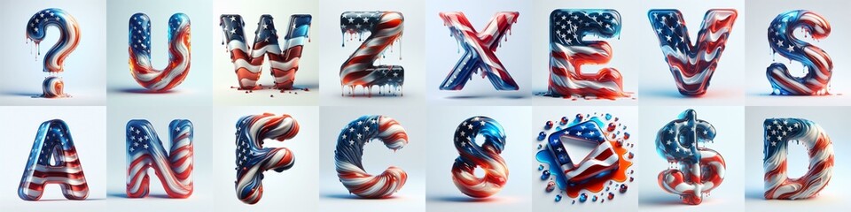 glass letters in color USA flag 3D Lettering Typeface. AI generated illustration - obrazy, fototapety, plakaty