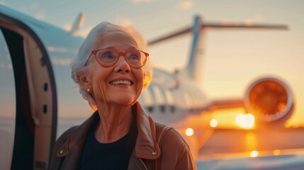 Elderly woman smiling as she boards a plane for a solo travel adventure to exotic destinations with...
