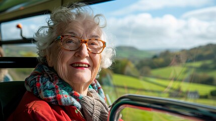 Elderly woman smiling as she boards a bus for a group tour to historic landmarks and scenic wonders