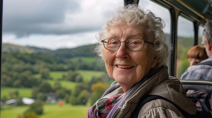 An elderly woman smiling as she boards a bus for a group tour to historic landmarks and scenic wonders with a picturesque countryside background