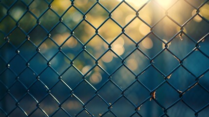 A lattice of metallic wires in sunlight with intricate fence details and illuminated background.