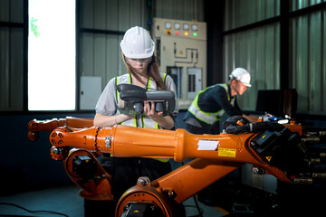 Fototapeta premium Factory engineers inspecting on machine with smart tablet. Worker works at heavy machine robot arm. The welding machine with a remote system in an industrial factory. Artificial intelligence concept.