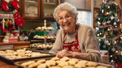 An elderly woman smiles warmly as she bakes batches of holiday cookies in her festive kitchen