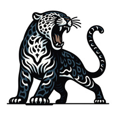 Fototapeta premium Wild roaring jaguar leopard full body vector illustration, zoology illustration, animal predator big cat design template isolated on white background