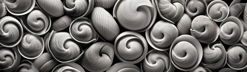 seashells on a black and white background. close up. Travel and vacation concept with copy space. Spa Concept.
