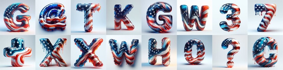 glass letters in color USA flag 3D Lettering Typeface. AI generated illustration