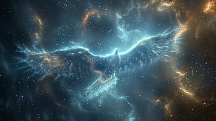 Ethereal cosmic image depicting nebula with a shape reminiscent of angel wings