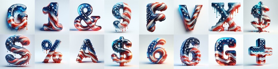 glass letters in color USA flag 3D Lettering Typeface. AI generated illustration
