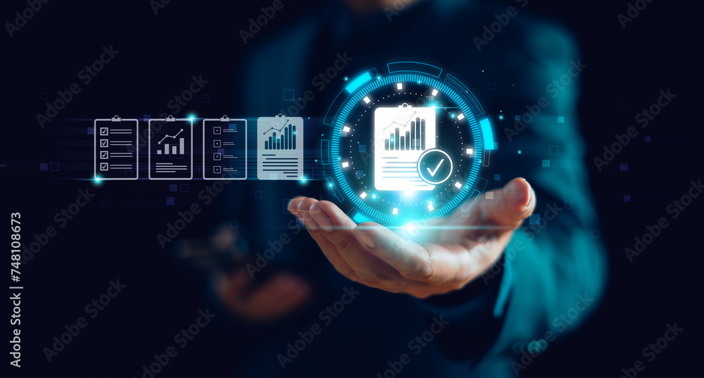 Poster approve quality document management on cloud digital network concept. assure check data electronic f
