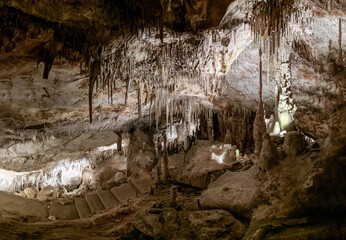 view of the rock formations inside the Cuevas del Drach in eastern Majorca