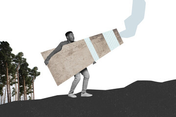Creative abstract collage of young american hold pipe pollution emissions factory industrial smog...
