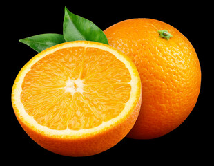 Orange with half and leaf  isolated. Two oranges on black background. Orang fruit with slice. Clipping path. Black background. Full depth of field. - 748109079