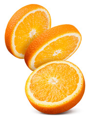 Orange isolated. Orange fruit: piece and round slice on white background. Orang flying collection. Clipping path. Full depth of field. - 748109090