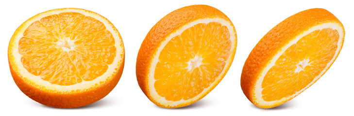 Orange slice isolated on white. Orange round slices on white background. Orang fruit collection with clipping path. Full depth of field. - 748109234
