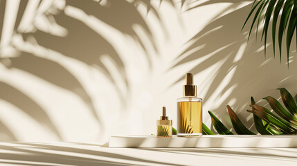 Cosmetic bottle with dispenser with tropical leaves. Skin care concept.