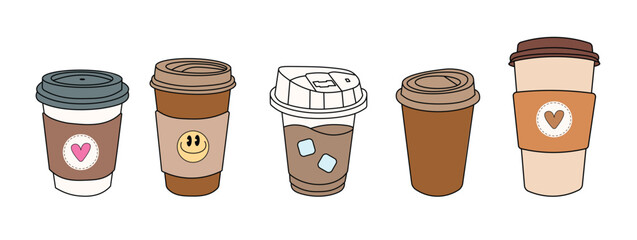 Hand drawn cute coffee cup collection vector, teacher coffee cup vector, groovy coffee cup illustration