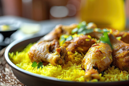 chicken biryani with yellow rice. indian dish of rice and chicken marinated in spices. ramadan food