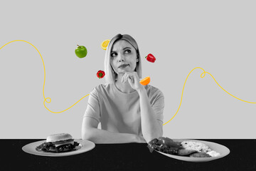 Creative abstract collage of girl sit think food choice burger fast food healthy apple lemon pepper...