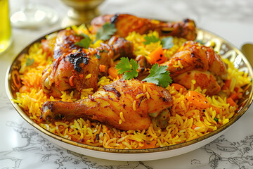 chicken biryani with yellow rice. indian dish of rice and chicken marinated in spices. ramadan food