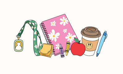 Cute teacher stuff collection with coffee cup vector, retro vintage favorite teacher things clip art, teacher bag essentials vector