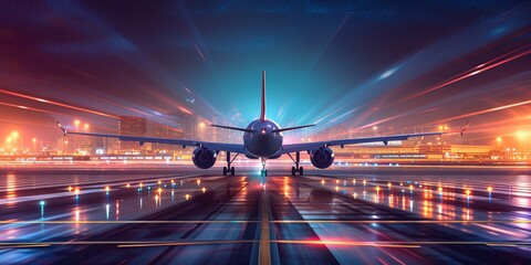 Airborne aircraft and airport in the backdrop, showcasing modern air travel, futuristic technology and AI in a night cargo flight.