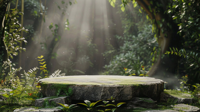 Stone table in the foggy forest. 3d render illustration.
