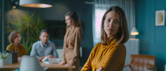 Fototapeta premium sad and worried woman in the office due to a conflict of ideas with her work team