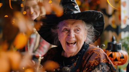 Obraz premium An elderly woman in a witch costume laughing heartily at a Halloween party
