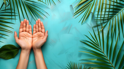 Female hands with palm leaves on turquoise background. Top view