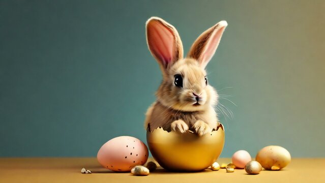 Easter bunny hatching from golden Easter egg
