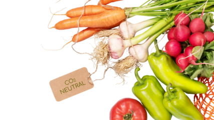 Isolated natural season vegetables with label with inscription carbon neutral on transparent background. Fresh farm organic vegetables. Selling seasonal, local grown fruits and vegetables. Flat lay