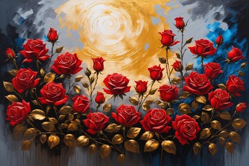 Rosen auf Leinwand. Gold, Schwarz, Blau, Rot und Grau. Schöner Hintergrund als Ölmalerei.