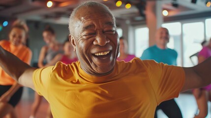 Fototapeta premium An elderly black man smiling and showing off his dance moves in a trendy studio