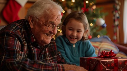 Obraz na płótnie Canvas Senior man shares a joyful moment with his grandchildren as they open presents on Christmas morning