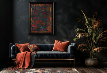 Vintage boho interior in dark colors. Shabby chic black sofa with ornamental red pillows and huge home plant. Oriental ethnic style.