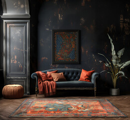 Vintage boho interior in dark colors with a carpet on the floor and a picture on a black wall. Shabby chic furniture with ornamental pillows and home plant. Oriental ethnic style.