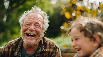 An elderly man laughing with his grandchildren in his garden