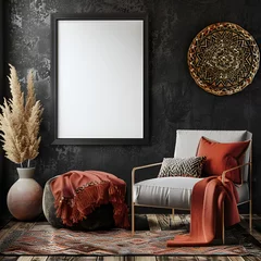 Photo sur Plexiglas Style bohème Vintage boho interior in african ethnic style. Shabby chic furniture with ornamental pillows and a huge picture mockup in a frame