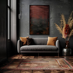 Modern boho style interior in dark colors. Huge soft sofa and an abstract painting on the grey wall. Oriental ethnic style.
