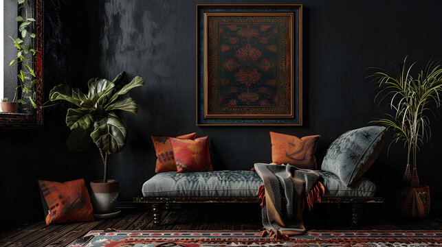 Vintage boho interior in dark colors. Shabby chic furniture with ornamental pillows and home plant. Oriental ethnic style. Horizontal banner