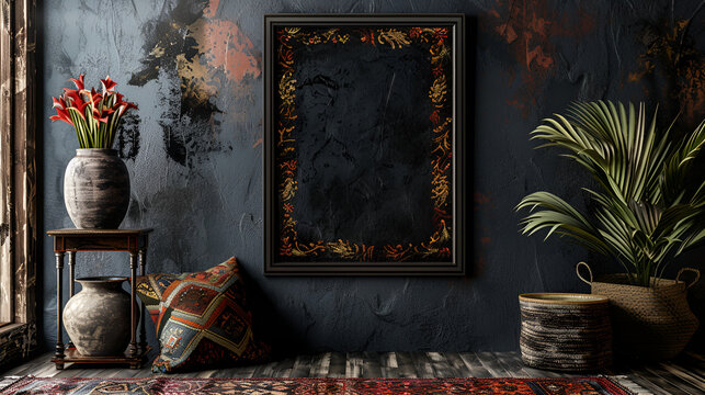 Vintage boho interior in dark colors. Home plant and red flowers in vases. Huge picture mockup in a frame. Oriental ethnic style. Horizontal banner