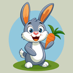 Minimalist 2d animated Cartoon happy rabbit holding carrot