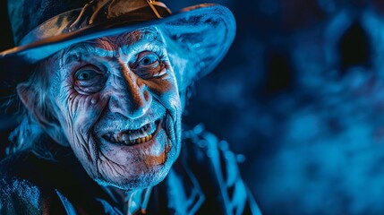 Elderly gentleman smiling in a zombie costume as he organizes a frightful haunted house tour for Halloween with a chilling blue background  - obrazy, fototapety, plakaty