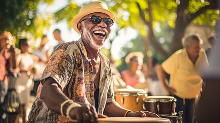 Senior man playing the drums and grooving to the beat with a big smile on his face during an...
