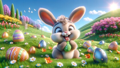 An adorable, fluffy Easter bunny surrounded by a vibrant garden and colorful Easter eggs.