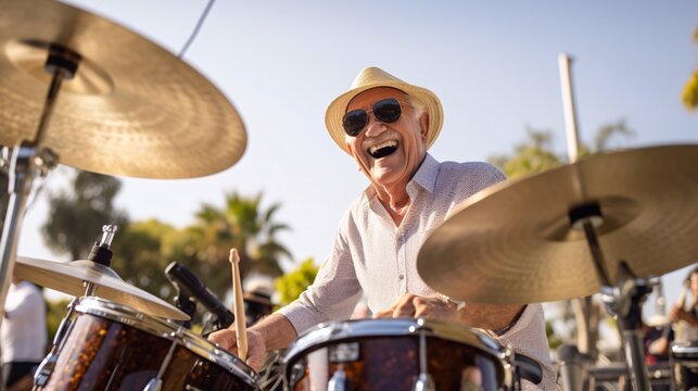 Elderly man playing the drums and grooving to the beat with a big smile on his face during an outdoor concert jam session