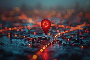 Red map pin in cityscape and network connection, indicating the city destination on the map and connection concept  - obrazy, fototapety, plakaty