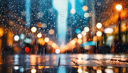 Raindrops falling to the ground. Blurred night city with light on background.