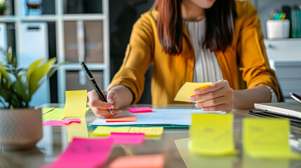 woman in her work office brainstorming with her work team analyzing sticky notes