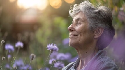 A serene senior woman enjoying a peaceful moment of flower park